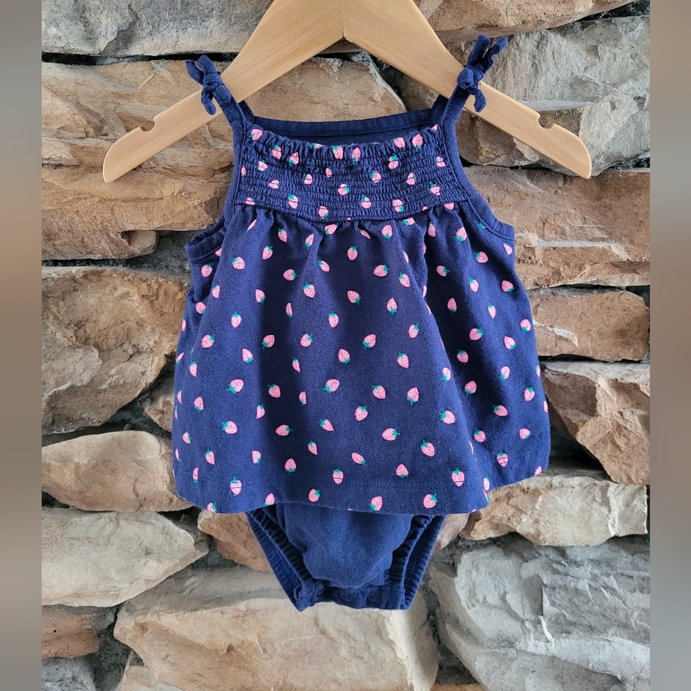 Adorable EUC 6m Carter's Navy Blue And Strawberry Baby Outfit